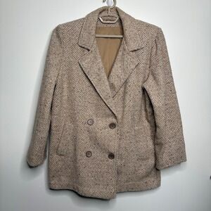 Vintage 80s Haband For Her Tan Tweed Jacket Double Breasted Wool Blend USA Sz L